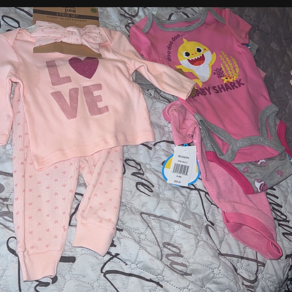 Three piece set including headband 0-3 months and 3 piece onesie 6-9 months.